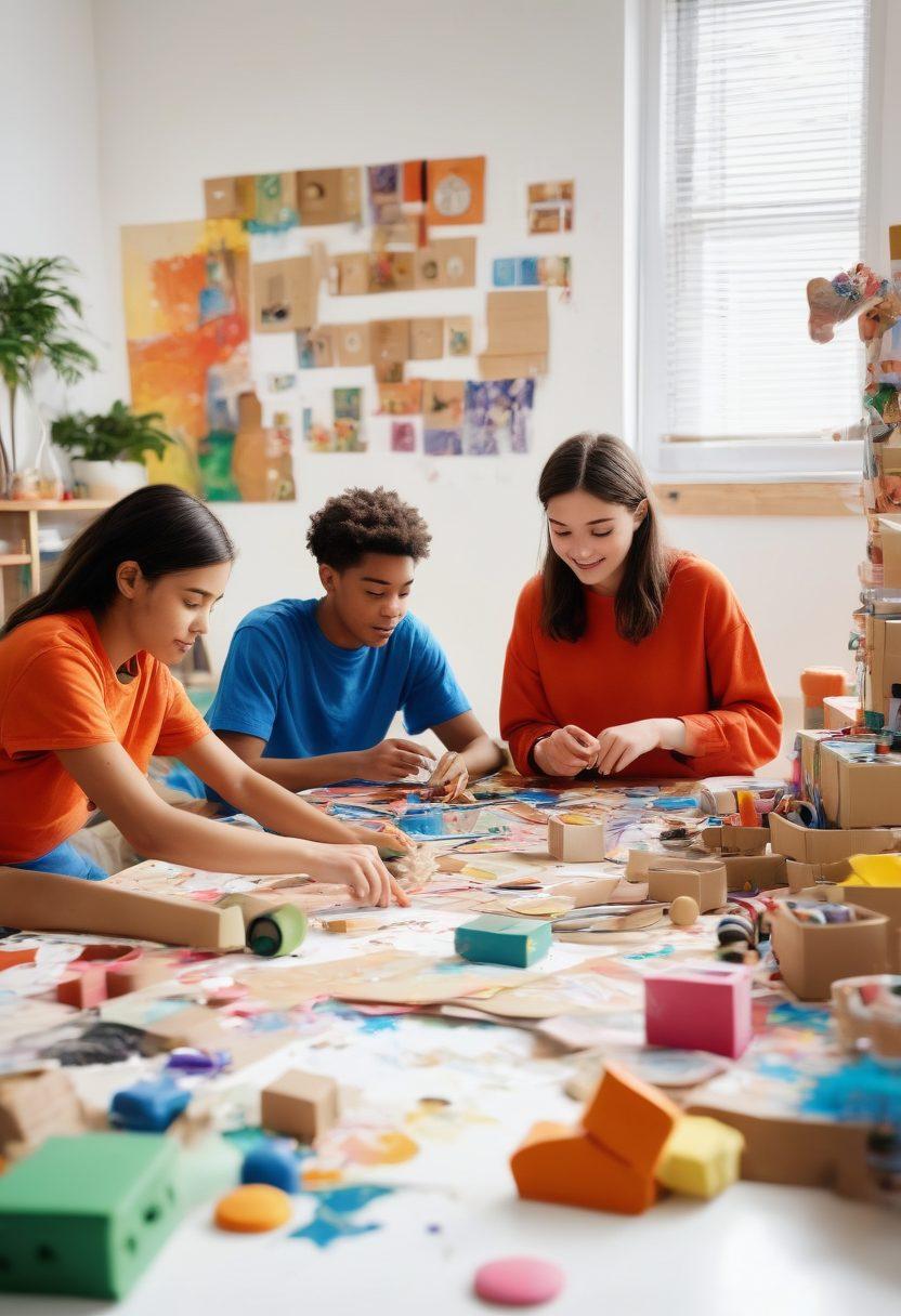 A vibrant and playful scene showcasing a group of diverse teens engaging in creative DIY projects, surrounded by colorful materials like cardboard, paint, and craft supplies. One teen is building a unique toy, while others are collaborating on an artistic mural in the background. The atmosphere is lively and inspiring, with splashes of color and imaginative designs everywhere. super-realistic. vibrant colors. white background.