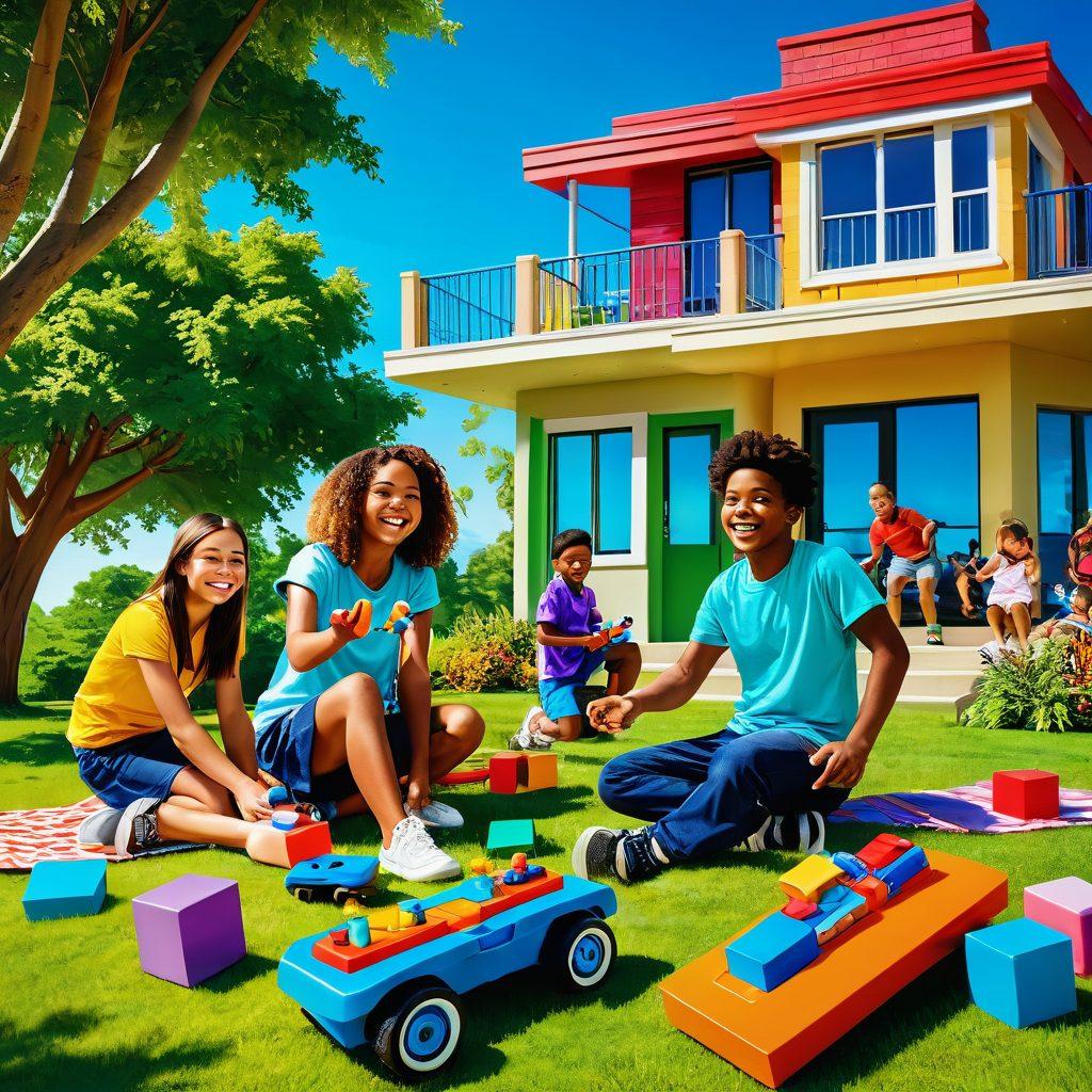 A dynamic scene of teenagers joyfully playing with various vibrant toys, including colorful building blocks, hoverboards, and outdoor sports gear. In the background, a diverse family is enjoying a picnic, surrounded by cheerful greenery and sunny skies. The atmosphere radiates excitement, creativity, and togetherness, inviting families to explore fun activities. cartoonish style. bright colors. playful vibe.