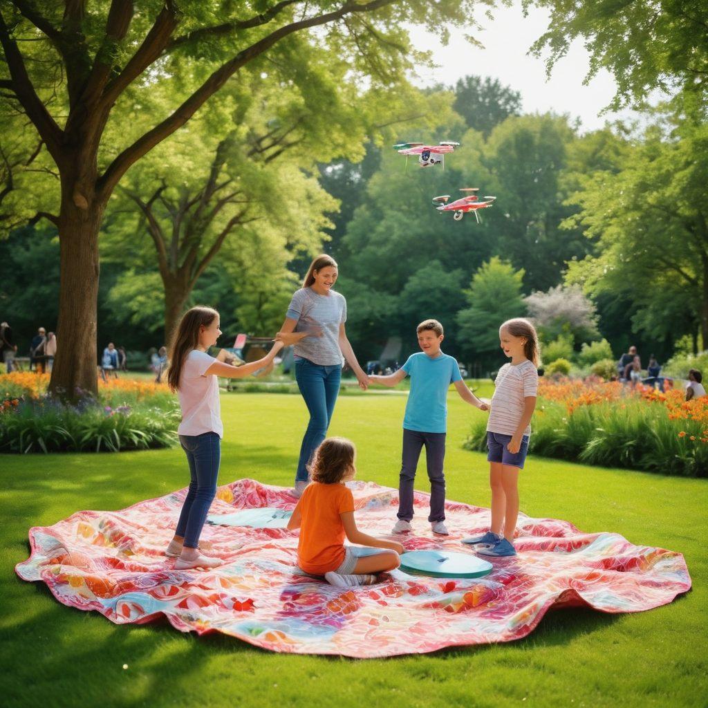 A lively family scene in a colorful park showcasing teenagers playing with innovative toys and engaging in fun family activities. Include various toys like drones, board games, and outdoor sports equipment, with children and parents joyfully participating together. Vibrant greenery and playful backgrounds enhance the atmosphere, capturing the essence of joyful exploration and shared experiences. super-realistic. vibrant colors.